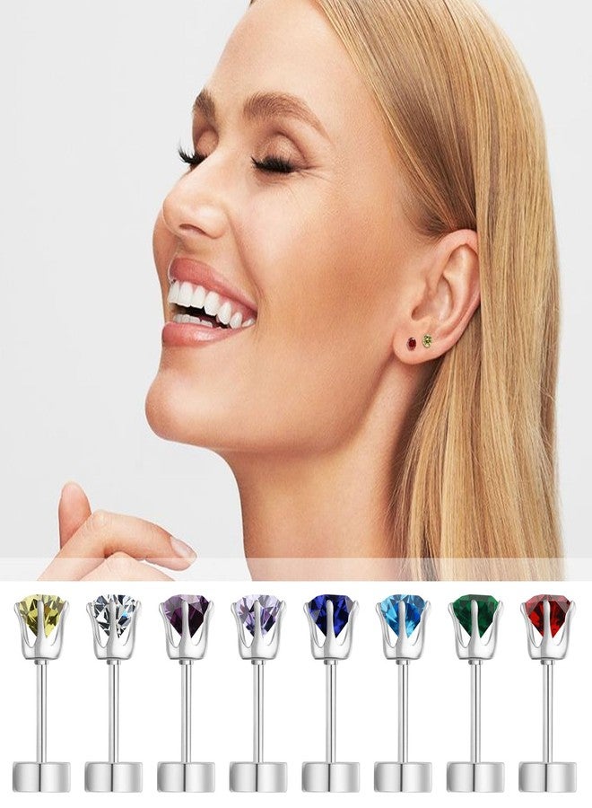 FSSODWT Hypoallergenic Birthstone Stud Earrings for Women Brilliant Cut Round Cubic Zirconia Flat Back Earrings Surgical Steel Cartilage Earrings for Sensitive Ears (Silver, June Violet) - Image 4